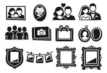 Minimalist photography and family icon set featuring people, a baby, couples, photo albums, and decorative frames for life events and cherished memories