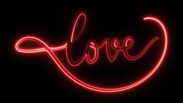 Neon love sign. Red glowing text. Cursive love glow. Romantic light fx. Wedding neon word. Bright red script. Love lettering led. Dark valentines day. Glowing motion text. Vibrant love loop.
