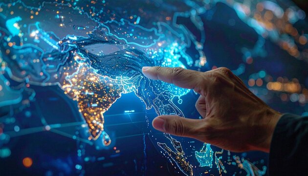 Hand Touching Holographic Asia Map in Advanced Digital Interface