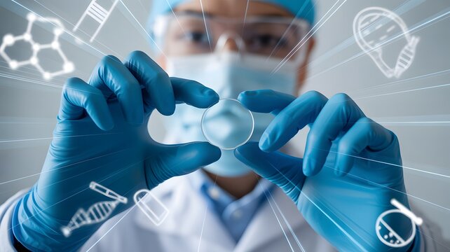 Scientist in sterile gloves and protective gear meticulously examines a transparent circular advanced material surrounded by glowing digital science i - Powered by Adobe