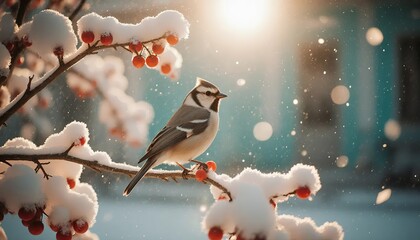 Blue Tit Bird on Snowy Branch with Berries.