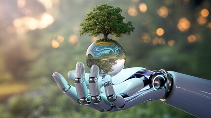 Robotic hand cradles a glass sphere with a green tree symbolizing environmental protection and technological advancement in a beautiful soft natural s