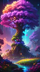 Fototapeta premium Vivid fantasy landscape, majestic tree with colorful foliage and glowing effects