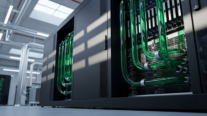 A server room with large black servers and green cables in a modern data center facility