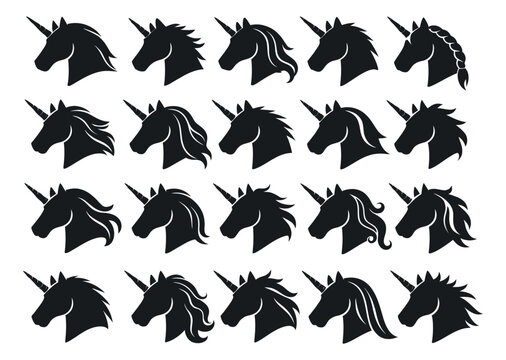 Stylized unicorn head set featuring various mane styles for fantasy designs