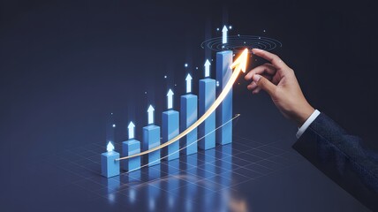 Business hand guiding a glowing golden arrow upward on a blue bar graph symbolizing financial growth and success in a dark digital environment