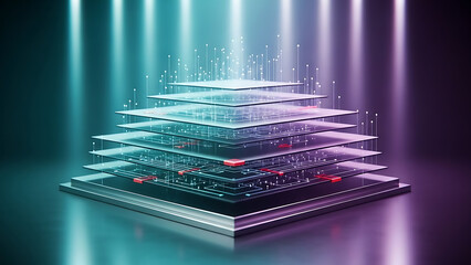 A futuristic stack of circuit boards with neon lights shining down on them in a dark room