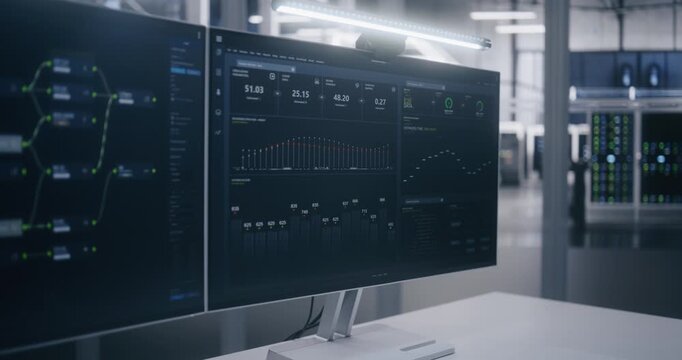 Close Up on Two Monitors in Clean Office, Showing Complex Flow Diagrams and Performance Statistics. Monitoring Network Flow and System Performance. Network Management, and Technical Control Center.