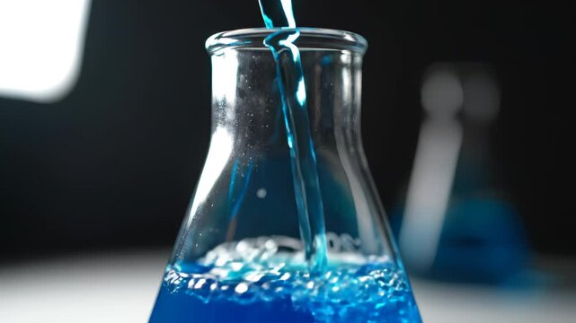 Blue liquid pouring into glass flask