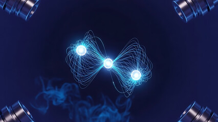 A futuristic digital illustration of two glowing blue orbs connected by a network of lines