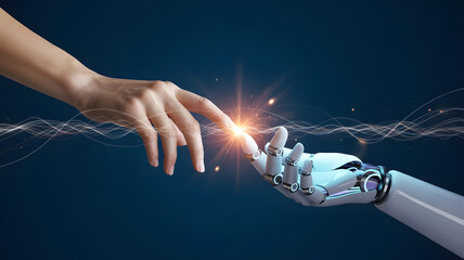 Human hand gently touches futuristic white robotic hand creating a vibrant glowing connection against a dark blue digital background