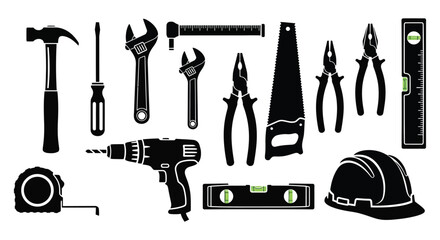 collection of various black construction tools and equipment in silhouette high quality professional detailed modern elegant