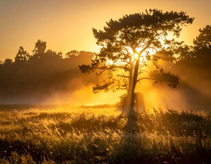 Sun flares through a lone tree at sunrise, illuminating a grassy field