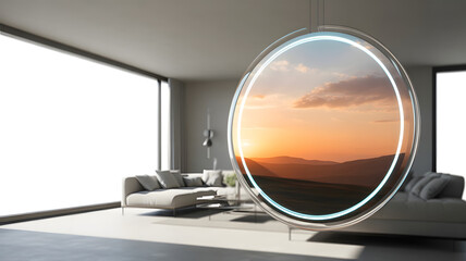 Modern minimalist room with a luminous circular window displaying a vibrant sunset over serene hills and mountains creating a calm tranquil atmosphere