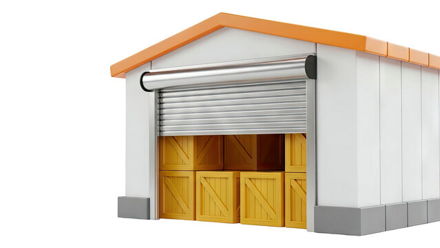 Warehouse with open roll-up door and stacked wooden crates