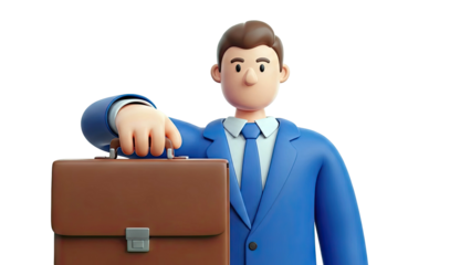 3D Cartoon Businessman in Blue Suit Holding Briefcase