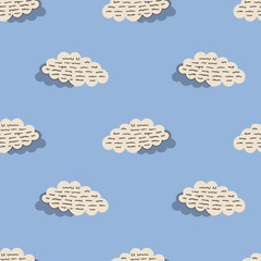 Clouds with Text Seamless Pattern. Surreal Blue Sky Abstract Background with notes and messages. Repeat vector illustration