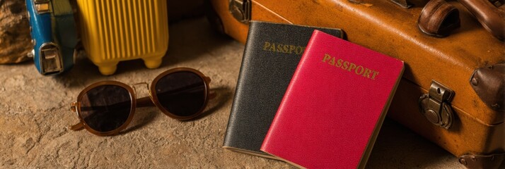 Collection of travel essentials, including passports, sunglasses, and miniature suitcases, arranged on a flat surface with copy space for holiday insurance banner