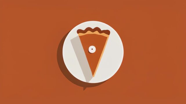 Flat Vector Pumpkin Pie Slice on Plate with Simple Brown Background