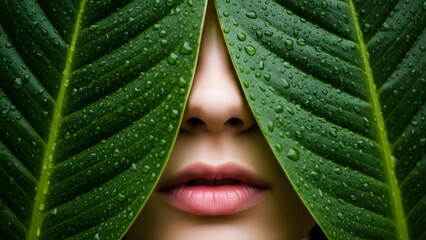 Close-up of a person's face partially hidden by two large, wet green leaves with water droplets, symbolizing natural beauty and freshness.