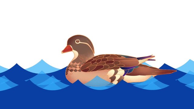Mandarin duck floating on blue stylized waves