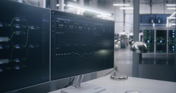 Dual Monitors Displaying Automation Process Flow and System Metrics. Two Screens Display Complex Technical Data, Performance Statistics and Graphs. Concept Real Time System Monitoring, Remote Control.