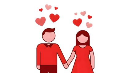 Cartoon couple holding hands with hearts on transparent background