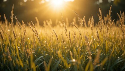 Golden wheat field bathed in warm sunset light with dew drops