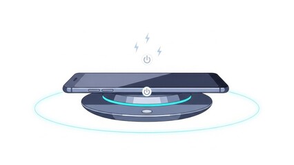 Smartphone charging wirelessly on a modern charging pad with power icon
