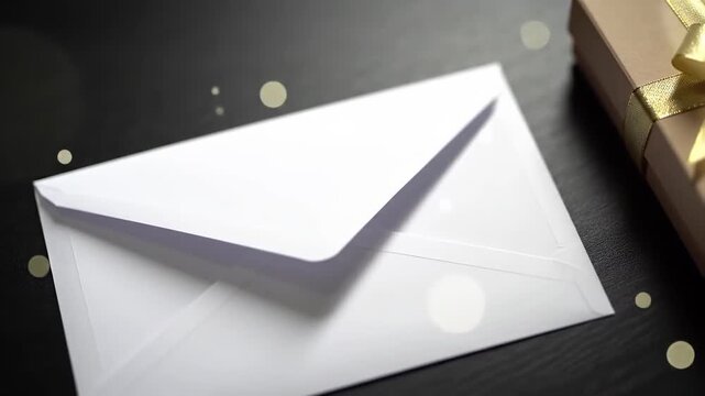 Elegant white envelope and a gift box with golden ribbon on dark background.