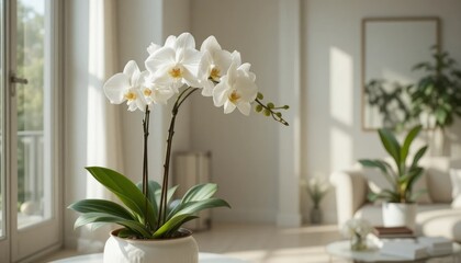 Beautiful white orchid plant on a table in a bright modern living room