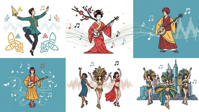 Diverse cultural musicians and dancers celebrating global music and traditions vector illustration for festivals and events