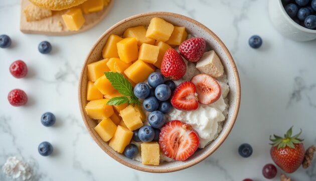 Delicious fruit bowl with yogurt and fresh berries on marble countertop - Powered by Adobe