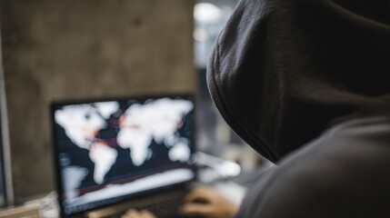 Communication person in a dark hoodie operating a server terminal with world map and data nodes on screen, representing international data breaches and deep web operations