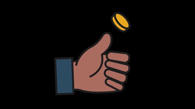 Animated vector icon of a referee flipping a coin, representing kickoff decisions, fair play, and match start rituals in soccer. Smooth looping animation.