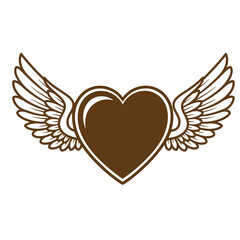 Obraz premium Drawing Vintage Brown heart with white wings symbolizing love and freedom in a simple graphic design