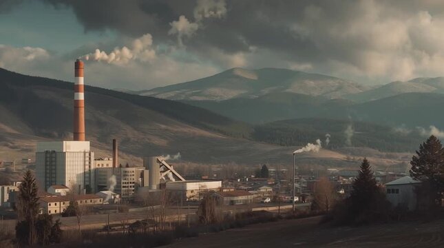 smokestacks. Industrial landscape with smokestacks and a dramatic cloudy sky. safety posters, maintenance manuals, designed for precision metalworking and fabrication facilities, used by engineers.
