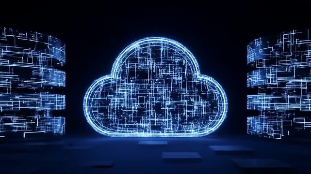 Futuristic digital cloud storage concept with glowing data patterns, surrounded by abstract server structures in a dark environment