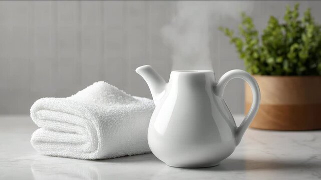 Ceramic teapot with towels and bath salts on wooden surface in spa setting. Ceramic neti pot, sea salt, and warm towel in a spa-like bathroom setting, concept of wellness and relaxation