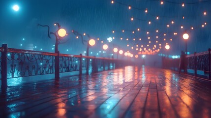 Atmospheric view of a wet wooden boardwalk illuminated by glowing string lights and soft street lamps during a nighttime rain shower