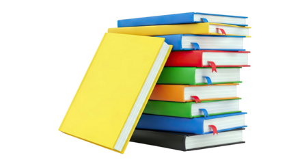 Stack of colorful hardcover books with ribbons