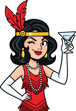 Winking cartoon flapper girl in a red fringe dress holding a martini glass.