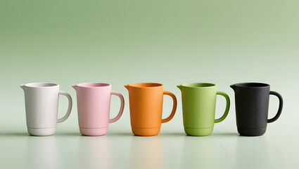Row of colorful ceramic mugs with handles in pastel shades on green background