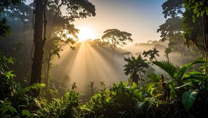 Sun rays stream through lush jungle canopy