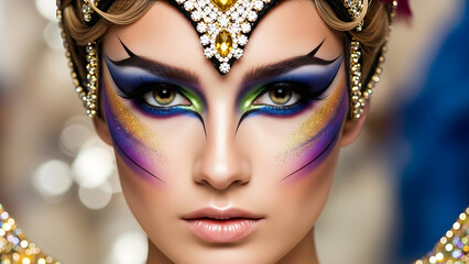 Fototapeta premium Woman with colorful makeup and ornate headdress closeup