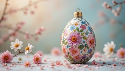 Fototapeta premium Vibrant floral Easter egg surrounded by colorful spring flowers and petals