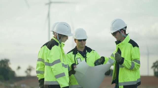 Group of diverse professional engineers and technicians in safety gear and hard hats gathered to discuss a technical blueprint or site plan during a wind turbine farm.