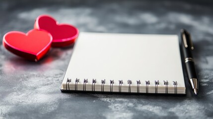 Front angle view of Valentine's notepad and pen beside heart-shaped decorations on a clean surface, perfect for romantic notes and love messages