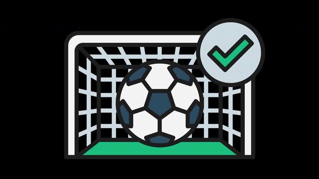 Animated vector icon of a soccer goal with ball inside and approval check mark, representing valid goal, score confirmation, and successful play. Smooth looping animation.