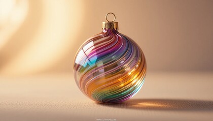 Vibrant rainbow Christmas ornament on beige background with golden light